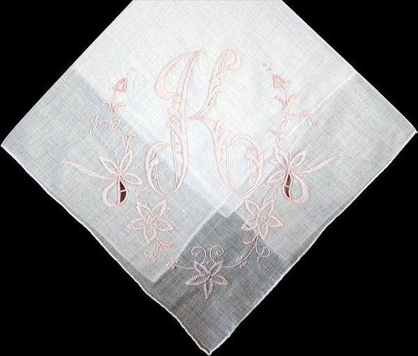 Monogram K Vintage Handkerchief Pink Embroidery, Madeira