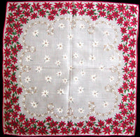 Gilded Red Christmas Poinsettias Vintage Handkerchief, Burmel