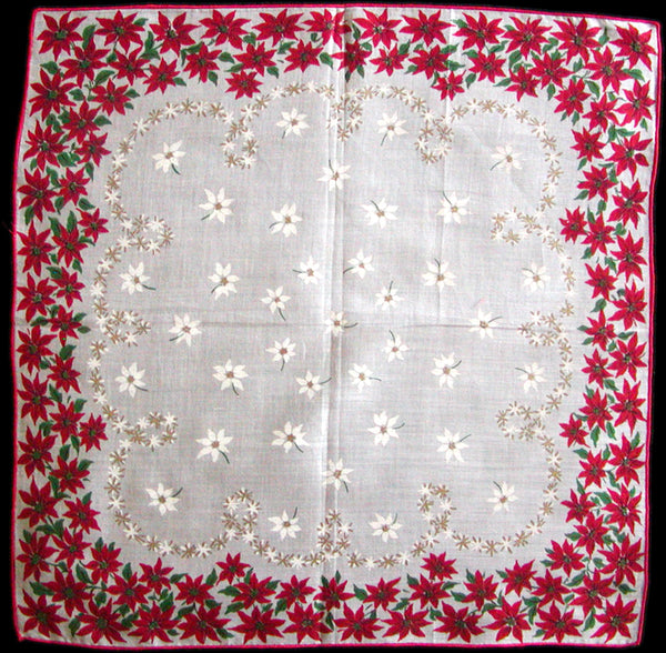 Gilded Red Christmas Poinsettias Vintage Handkerchief, Burmel