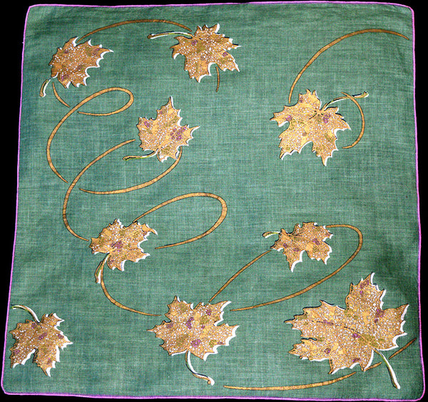 Gilded Leaves on Green Linen Vintage Handkerchief, Burmel