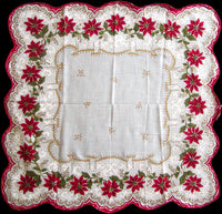 Gilded Border & Poinsettias Vintage Christmas Handkerchief