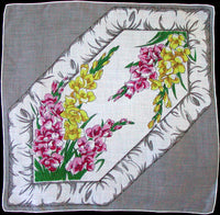 Gladiolus in Pink Yellow Vintage Handkerchief Hand Rolled Edges