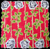 Gray Long Stemmed Roses on Red Vintage Handkerchief
