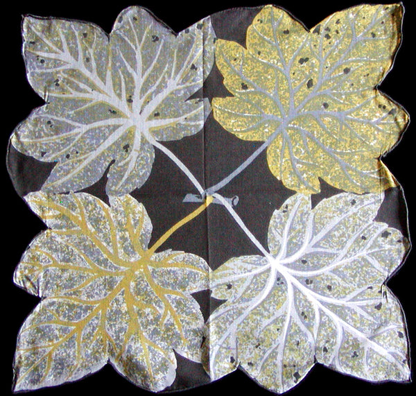 Gray & Yellow Leaves Vintage Handkerchief, Hand Rolled