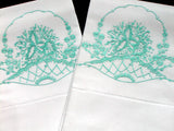 Orchid in Flower Basket Pair of Embroidered Vintage Pillowcases