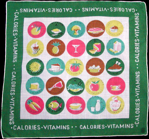 Green Calories and Vitamins Vintage Carol Stanley Handkerchief