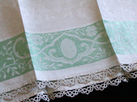 Green & White Vintage Damask Linen Towels, Pair