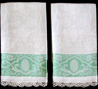 Green & White Vintage Damask Linen Towels, Pair