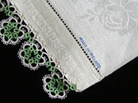 Damask Roses Irish Linen Vintage Guest Towel Green Tatting