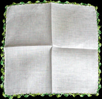 Green Crochet Lace White Irish Linen Vintage Handkerchief
