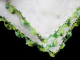 Green Crochet Lace White Irish Linen Vintage Handkerchief