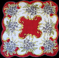 Flowers and Scrolls on Red Vintage Handkerchief