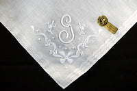 Monogram G Vintage White Linen Handkerchief Madeira Embroidery