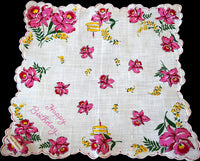 Happy Birthday Pink Orchids Vintage Handkerchief
