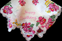 Happy Birthday Pink Orchids Vintage Handkerchief