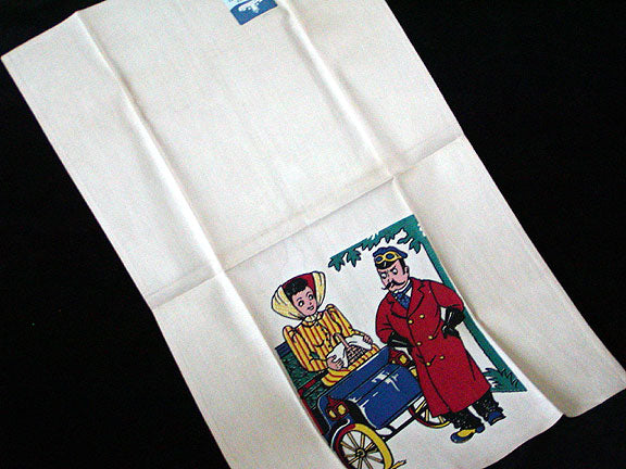 Flat Tire on Horseless Carriage Vintage Cotton Tea Towel NOS