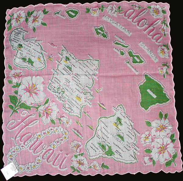 Aloha Hawaii Vintage Souvenir State Map Handkerchief, Pink