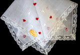 Embroidered Valentine Hearts w Lace Vintage Handkerchief