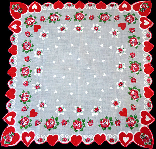 Red Valentine Hearts, Scrolls, & Pink Roses Vintage Handkerchief