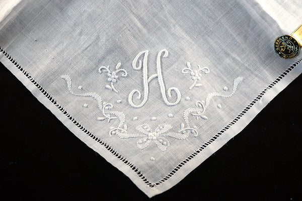 Monogram H Vintage Linen Handkerchief Madeira Embroid Hemstitch