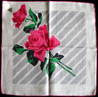 Long Stem Pink Roses Vintage Irish Linen Handkerchief, Herrmann