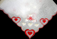 Embroidered Red and White Hearts Vintage Valentine Handkerchief