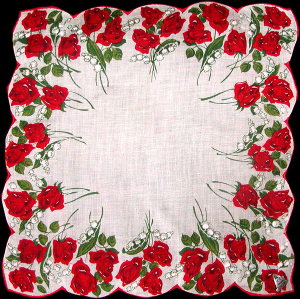 Red Rose Border Irish Linen Vintage Handkerchief, Herrmann