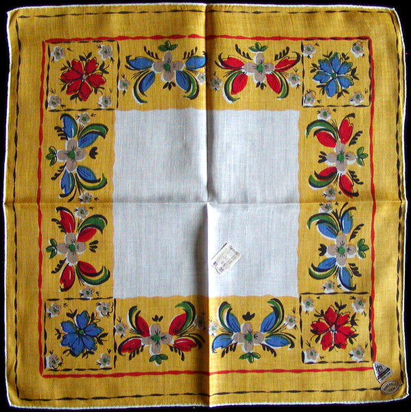 Folk Flowers Vintage Handkerchief, Yellow - Herrmann Irish Linen