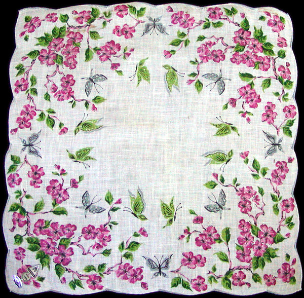 Butterflies & Floral Irish Linen Vintage Handkerchief, Herrmann