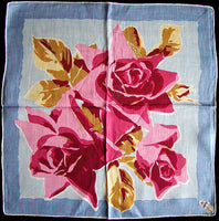 Big Pink Roses Vintage Irish Linen Handkerchief, Herrmann