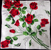 Red Roses Irish Linen Vintage Handkerchief, Herrmann