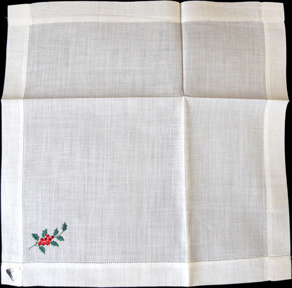 Holly Berries Embroider Vintage Christmas Handkerchief, Herrmann