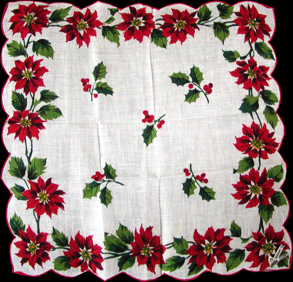 Herrmann Christmas Poinsettias Vintage Irish Linen Handkerchief