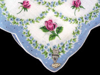 Pink Rosebuds Irish Linen Vintage Handkerchief, Herrmann