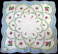 Pink Rosebuds Irish Linen Vintage Handkerchief, Herrmann