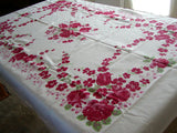 Fuchsia Floral Print w Roses Tulips Vintage Tablecloth 50x70