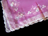 Hot Pink Vintage Nylon Handkerchief w Flowers & Flocking