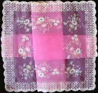 Hot Pink Vintage Nylon Handkerchief w Flowers & Flocking