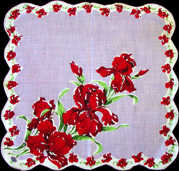 Red Irises on Orchid Vintage Handkerchief Hand Rolled Edges
