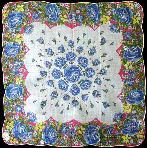 Colorful Floral Border Blue Roses Vintage Irish Linen Handkerchief