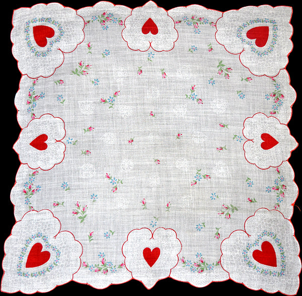 Red Valentine Hearts & Flowers Vintage Handkerchief