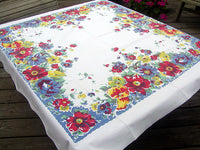 Colorful Floral Vintage Tablecloth 52x52 Heavyweight