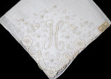 Monogram H Vintage Handkerchief, Madeira Embroidery Cutwork