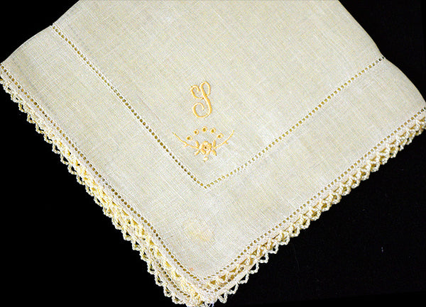 Monogram I Vintage Handkerchief, Yellow Linen