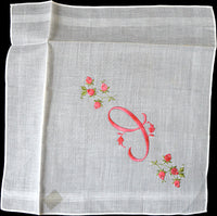 Monogram I Vintage Handkerchief w Rosebuds, Dark Pink Embroidery