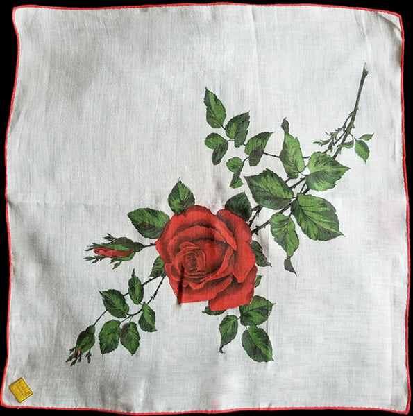 Red Rose on White Linen Vintage Handkerchief Kimball