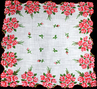 Border of Pink and Red Rose Nosegays Vintage Handkerchief