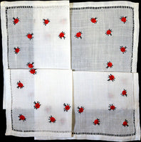 Embroidered Ladybugs on Linen Vintage Handkerchief