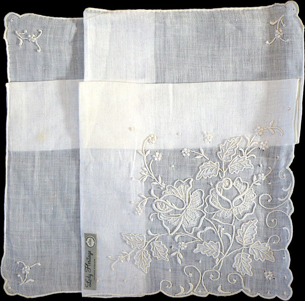 Fancy White Embroidered White Linen Vintage Handkerchief Madeira