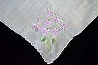 Lavender Violets Embroidered Linen Vintage Handkerchief Madeira